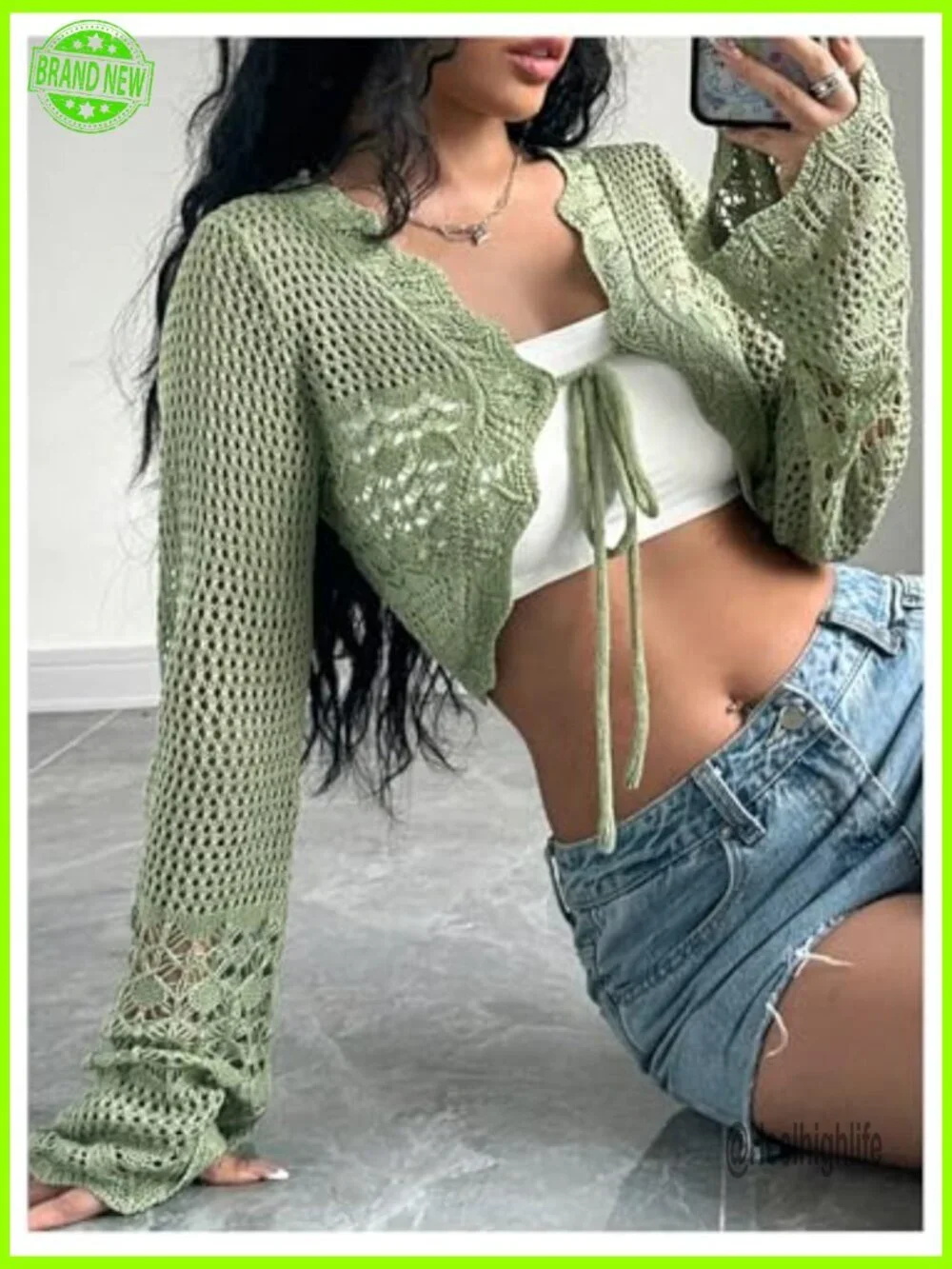 Large Cropped Cardigan Sheer Crochet Shrug Bell Sleeves Tie Front